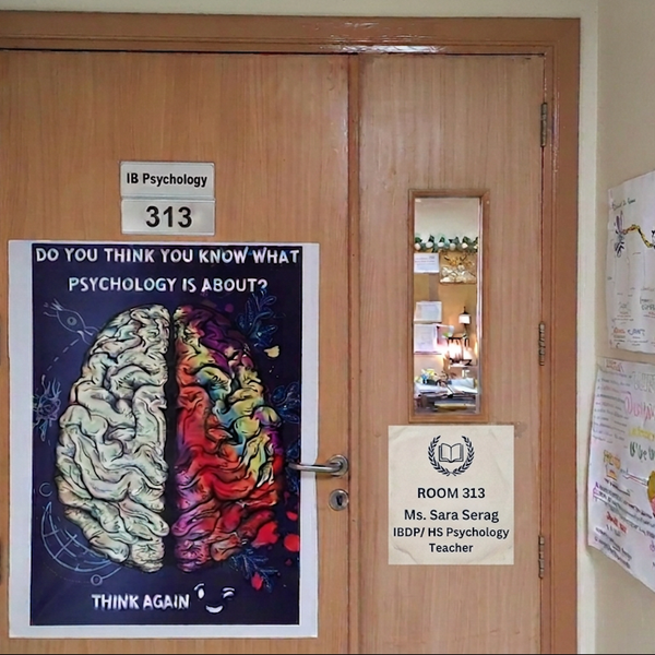 Sara's classroom door — Room 313, IB Psychology